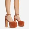EGO Popped Ankle Strap Square Toe Platform Block Heel In Tan Brown Patent -EGO shop 30 11 22 fw39773 sqq