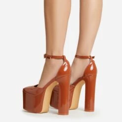EGO Popped Ankle Strap Square Toe Platform Block Heel In Tan Brown Patent -EGO shop 30 11 22 fw39775 sb2