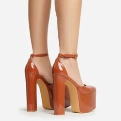 EGO Popped Ankle Strap Square Toe Platform Block Heel In Tan Brown Patent -EGO shop 30 11 22 fw39776 sb