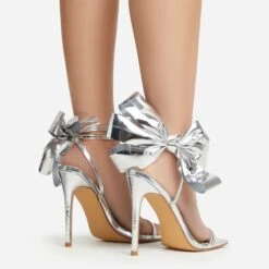 EGO Beau Oversized Bow Detail Square Toe Stiletto Heel In Silver Faux Leather -EGO shop 30 11 22 fw39791 sb2