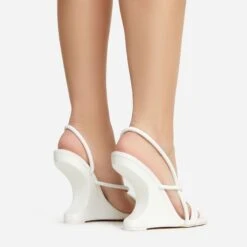 EGO Thriller Strappy Detail Square Toe Sling Back Cut Out Wedge Heel In White Faux Leather -EGO shop 30 11 22 fw39903 sb2