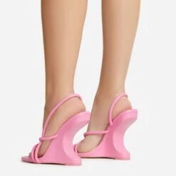 EGO Thriller Strappy Detail Square Toe Sling Back Cut Out Wedge Heel In Pink Faux Leather -EGO shop 30 11 22 fw39912 sb