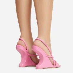 EGO Thriller Strappy Detail Square Toe Sling Back Cut Out Wedge Heel In Pink Faux Leather -EGO shop 30 11 22 fw39913 sb2