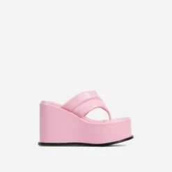 EGO Lizzie Padded Thong Strap Platform Wedge Heel Mule In Pink Faux Leather -EGO shop 30 11 22 fw40077 sq
