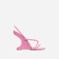 EGO Thriller Strappy Detail Square Toe Sling Back Cut Out Wedge Heel In Pink Faux Leather -EGO shop 30 11 22 fw40082 sq
