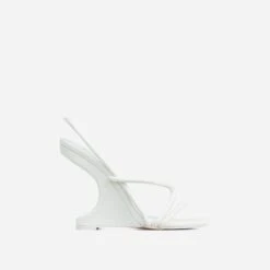 EGO Thriller Strappy Detail Square Toe Sling Back Cut Out Wedge Heel In White Faux Leather -EGO shop 30 11 22 fw40083 sq