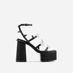 EGO Pansy Triple Strap 3D Flower Detail Platform Block Heel In Black Faux Leather -EGO shop 30 11 22 fw40131 sq