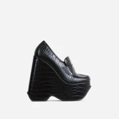 EGO A-New-Day Closed Square Toe Platform Wedge Loafer Heel In Black Croc Print Faux Leather
