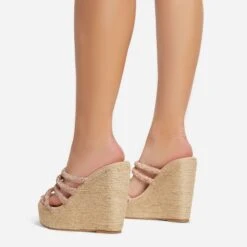 EGO Bali Diamante Strap Detail Woven Platform Wedge Heel Mule In Nude Faux Suede -EGO shop abs87034 sb
