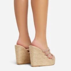 EGO Bali Diamante Strap Detail Woven Platform Wedge Heel Mule In Nude Faux Suede -EGO shop abs87035 sb