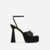 EGO Sparkling Diamante Detail Square Peep Toe Platform Flared Block Heel In Black Satin