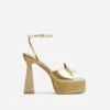 EGO Sparkling Diamante Detail Square Peep Toe Platform Flared Block Heel In Gold Faux Leather
