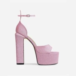 EGO Hand-Picked Open Peep Toe Extreme Platform Block Heel In Pink Glitter