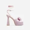 EGO Taste Lace Up Diamante Bow Detail Square Peep Toe Platform Flared Block Heel In Pink Faux Leather