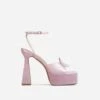 EGO Sparkling Diamante Detail Square Peep Toe Platform Flared Block Heel In Pink Satin