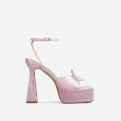 EGO Sparkling Diamante Detail Square Peep Toe Platform Flared Block Heel In Pink Satin