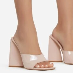 EGO Avalon Square Peep Toe Sculptured Flared Block Heel Mule In Nude Patent -EGO shop avalon 11095 copy