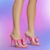EGO Bouquet Oversized Diamante Rose Detail Thong Strap Square Toe Stiletto Heel Mule In Pink Faux Leather