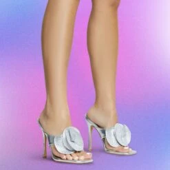 EGO Bouquet Oversized Diamante Rose Detail Thong Strap Square Toe Stiletto Heel Mule In Silver Faux Leather