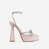 EGO Candy-Love Diamante Bow Perspex Pointed Toe Platform Flared Block Heel In Pink Faux Leather