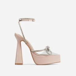 EGO Candy-Love Diamante Bow Perspex Pointed Toe Platform Flared Block Heel In Nude Patent
