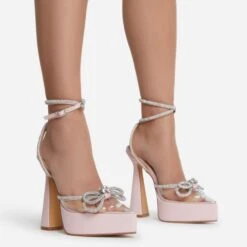 EGO Candy-Love Diamante Bow Perspex Pointed Toe Platform Flared Block Heel In Pink Faux Leather -EGO shop cadylove 7622 copy