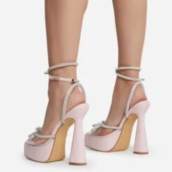 EGO Candy-Love Diamante Bow Perspex Pointed Toe Platform Flared Block Heel In Pink Faux Leather -EGO shop cadylove 7624 copy