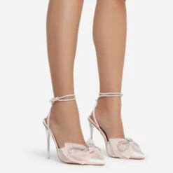 EGO Chriselle Bow Detail Diamante Lace Up Clear Perspex Heel In Pink Satin