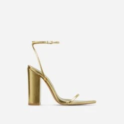 EGO Compass Ankle Strap Pointed Toe Block Heel In Gold Metallic Faux Leather -EGO shop cut off strap at end 06 10 22 fw15119 sq 1 v