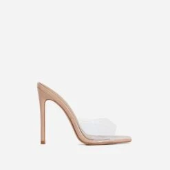 EGO Cyan Square Peep Toe Clear Perspex Heel Mule In Nude Patent -EGO shop cyan nude