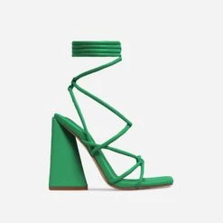 EGO Date-Night Knotted Detail Lace Up Square Toe Sculptured Flared Block Heel In Bright Green Faux Leather