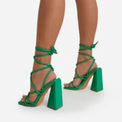 EGO Date-Night Knotted Detail Lace Up Square Toe Sculptured Flared Block Heel In Bright Green Faux Leather -EGO shop datenite11552 copy