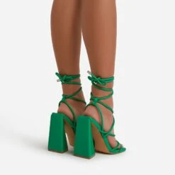 EGO Date-Night Knotted Detail Lace Up Square Toe Sculptured Flared Block Heel In Bright Green Faux Leather -EGO shop datenite11553 copy
