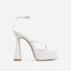 EGO Dion Ankle Strap Square Toe Platform Flared Block Heel In White Faux Leather -EGO shop dion 15 06 22 white