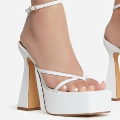 EGO Dion Ankle Strap Square Toe Platform Flared Block Heel In White Faux Leather -EGO shop dion 8179