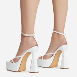 EGO Dion Ankle Strap Square Toe Platform Flared Block Heel In White Faux Leather -EGO shop dion 8180