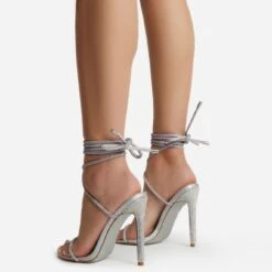 EGO Carmella Glitter Sole Diamante Detail Lace Up Heel In Silver Holographic Faux Leather -EGO shop harmony 4224