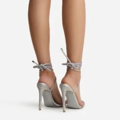 EGO Carmella Glitter Sole Diamante Detail Lace Up Heel In Silver Holographic Faux Leather -EGO shop harmony 4226