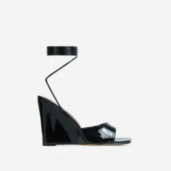 EGO Anthems Lace Up Square Peep Toe Wedge Heel In Black Patent -EGO shop lift toe put in shadow 06 10 22 fw15113 sq 5