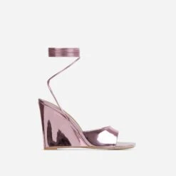 EGO Anthems Lace Up Square Peep Toe Wedge Heel In Pink Metallic Patent -EGO shop lift toe put in shadow 06 10 22 fw15113 sq 7