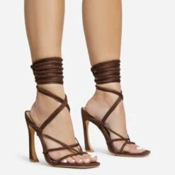 EGO Shanice Lace Up Strappy Square Toe Statement Thin Block Heel In Brown Faux Suede