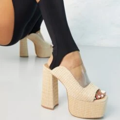 EGO Destination Woven Clear Perspex Square Peep Toe Platform Heel Mule In Nude -EGO shop mykonos2878