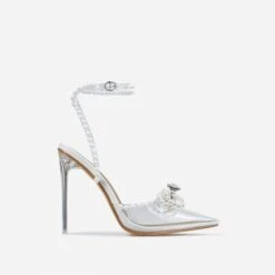 EGO Pearlle Diamante Bow Detail Clear Perspex Pointed Toe Stiletto Heel In White Faux Leather -EGO shop pearl 0470