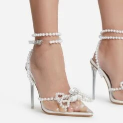 EGO Pearlle Diamante Bow Detail Clear Perspex Pointed Toe Stiletto Heel In White Faux Leather -EGO shop pearll 1460 copy