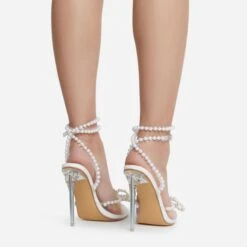 EGO Pearlle Diamante Bow Detail Clear Perspex Pointed Toe Stiletto Heel In White Faux Leather -EGO shop pearll 1462 copy