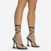 EGO Isla Lace Up Iridescent Star Detail Square Toe Statement Heel In Black Faux Leather