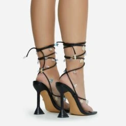 EGO Isla Lace Up Iridescent Star Detail Square Toe Statement Heel In Black Faux Leather -EGO shop remove paint 28 10 22 fw23760 sq