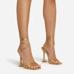 EGO Ring-Top Strappy Lace Up Square Toe Sculptured Heel In Gold Faux Leather
