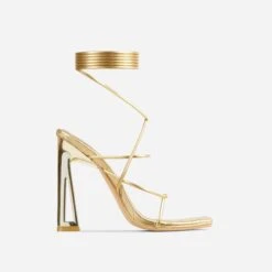 EGO Roseville Lace Up Quilted Insole Square Toe Cut Out Flared Heel In Gold Metallic Faux Leather -EGO shop roseville 15271