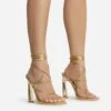 EGO Roseville Lace Up Quilted Insole Square Toe Cut Out Flared Heel In Gold Metallic Faux Leather